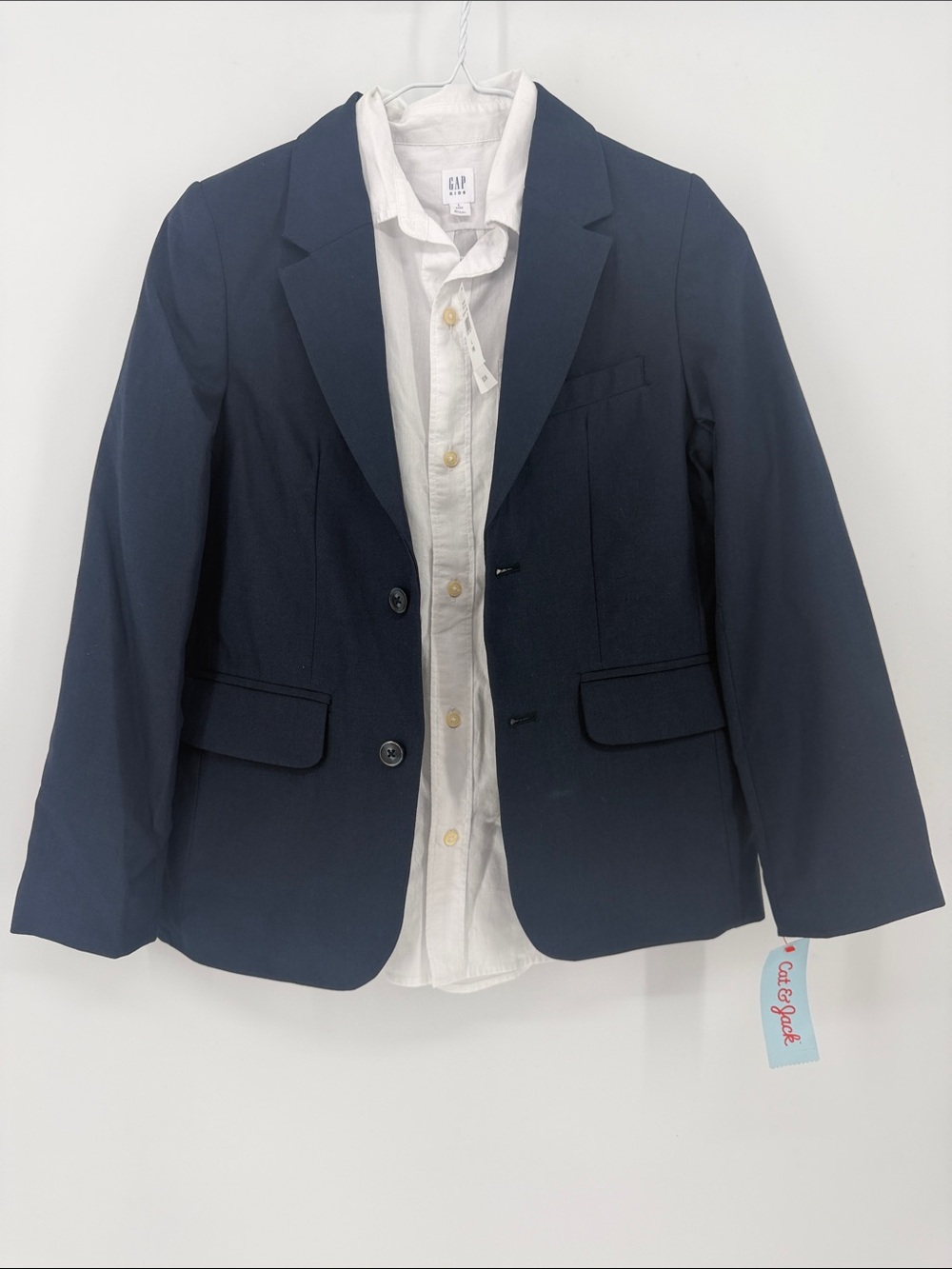 Boys 10 Navy Suit Jacket Blazer & White Button-Up Dress Shirt Formal Wedding